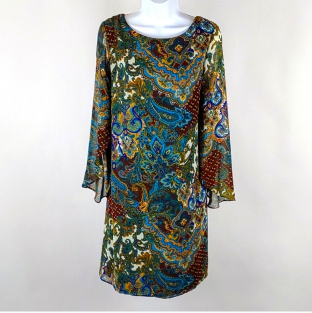 Ronni Nicole NWT women's 14 dress in teal,brown, green paisley print